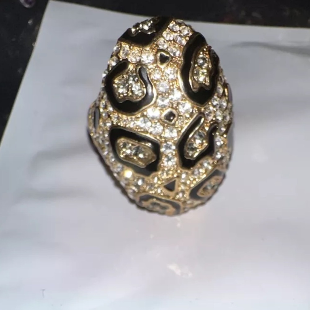 Akkad Leppard Animal Print Black Goldtone Rhinestones Ring Size 10